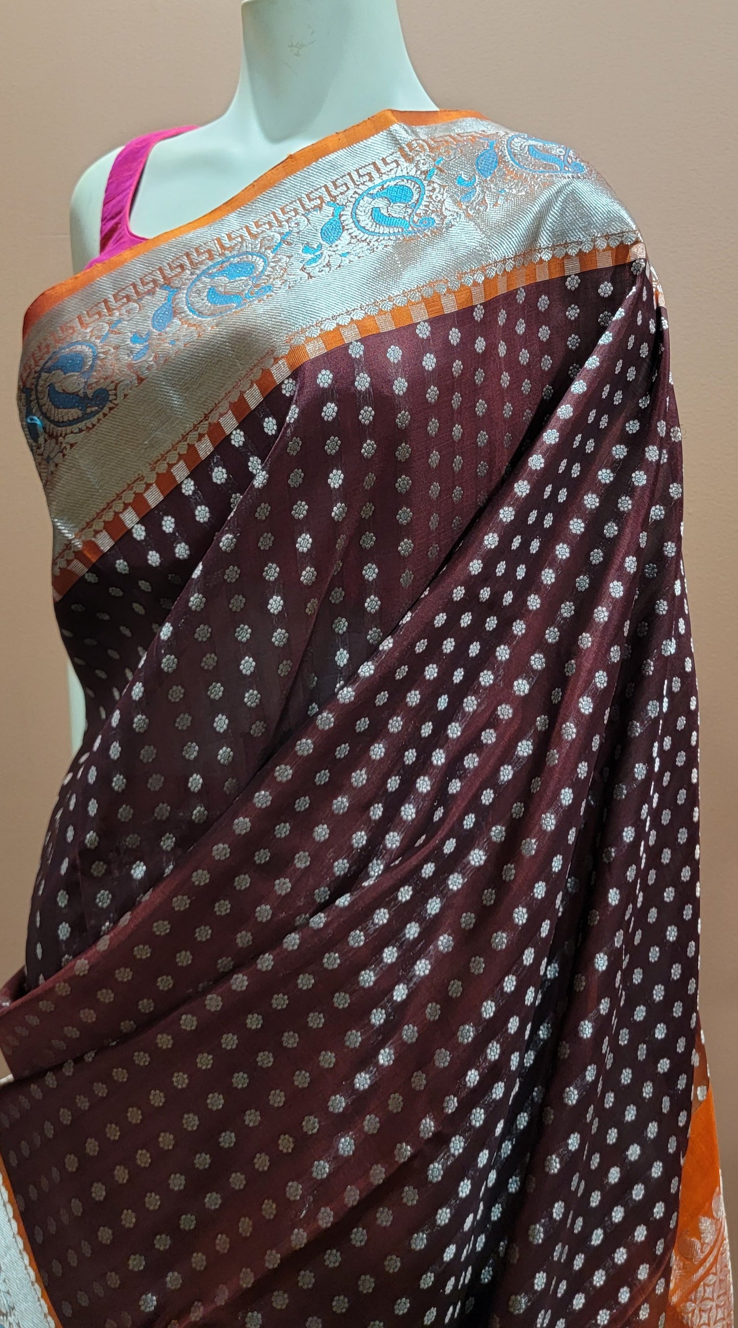 Venkatagiri Silk Saree w/ Blouse in Brown and Orange