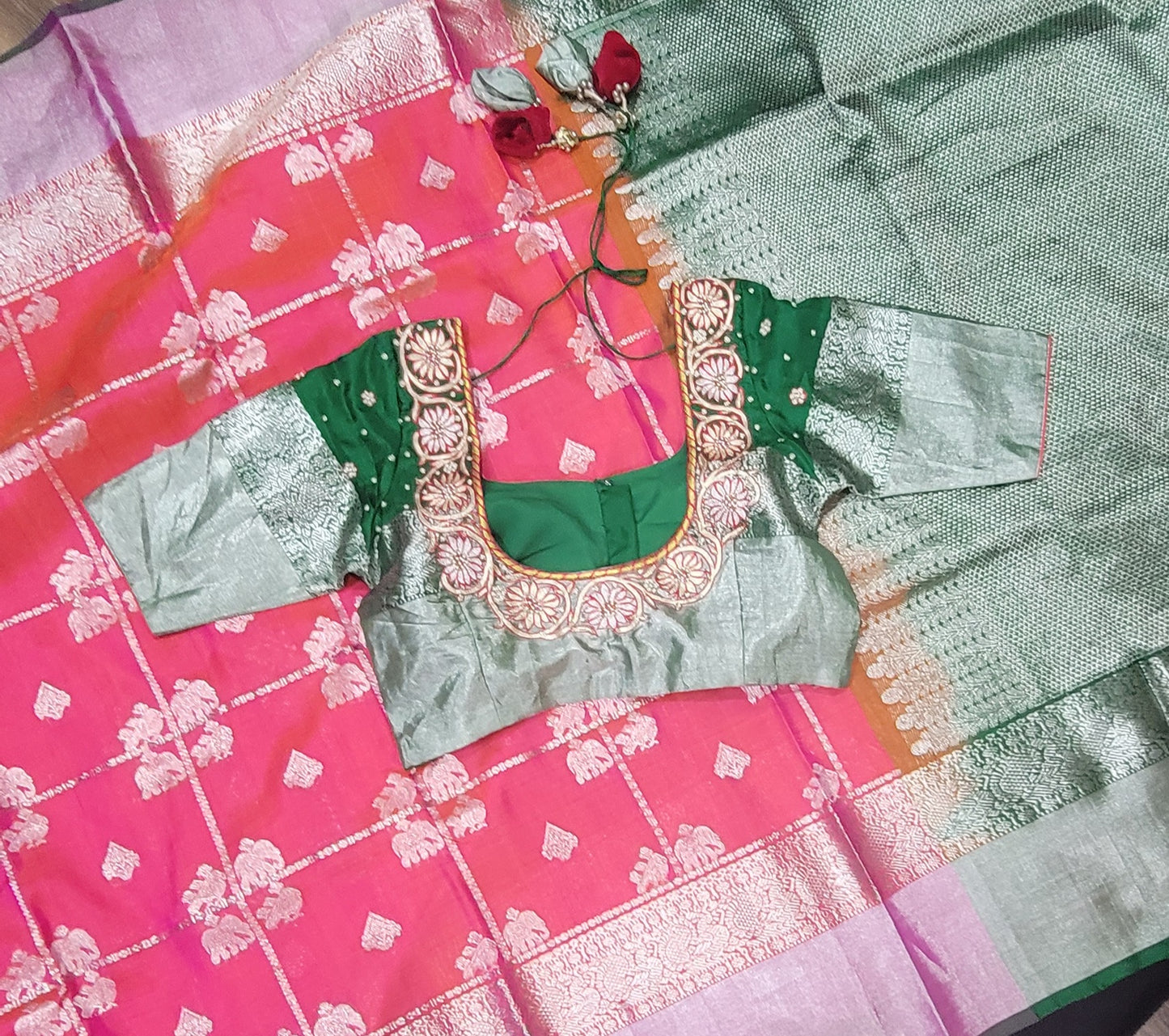 Venkatagiri Silk Saree w/ Blouse in Pink and Green