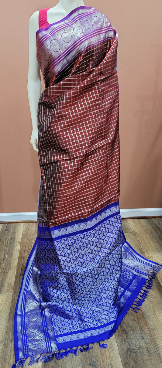 Venkatagiri Silk Saree w/ Blouse in Brown and Blue