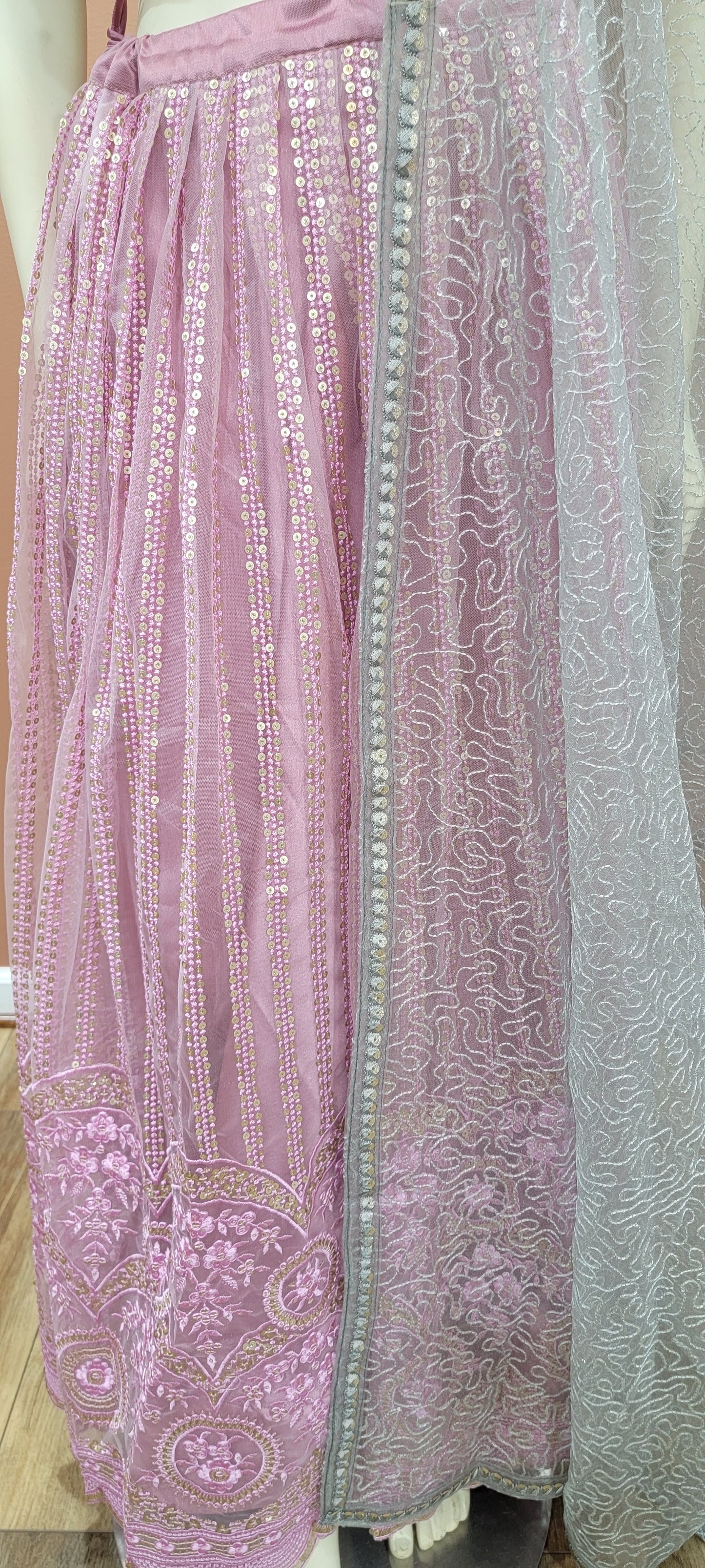 Embroidered Net Lehenga Set in Grey and Pink