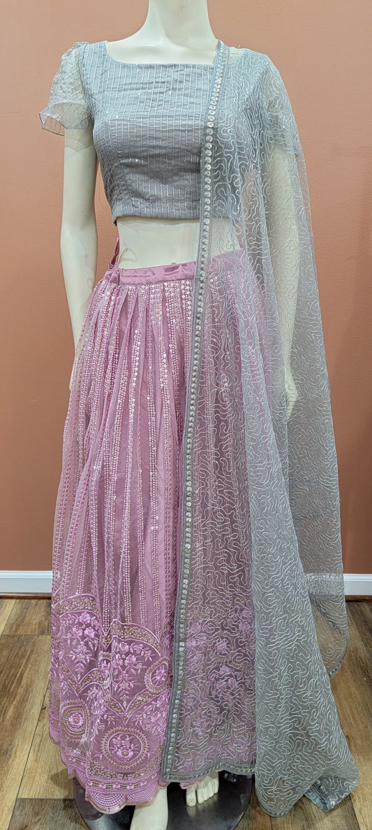 Embroidered Net Lehenga Set in Grey and Pink