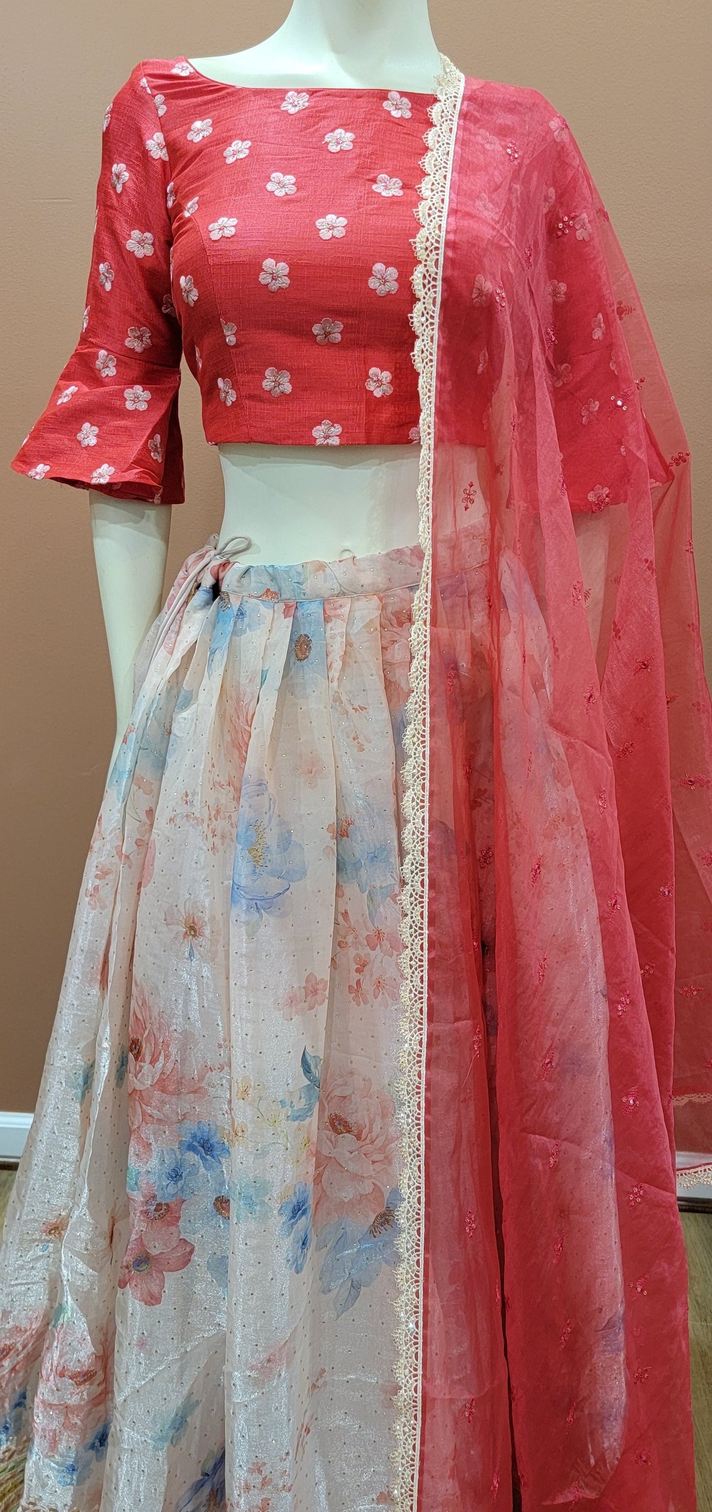 Organza Lehenga Set in Red and Pink
