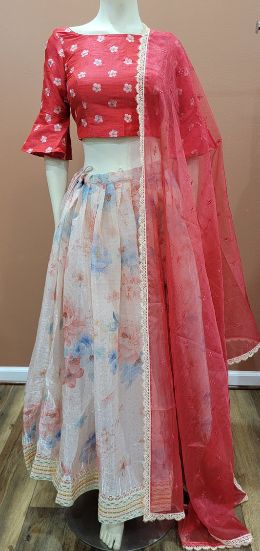 Organza Lehenga Set in Red and Pink