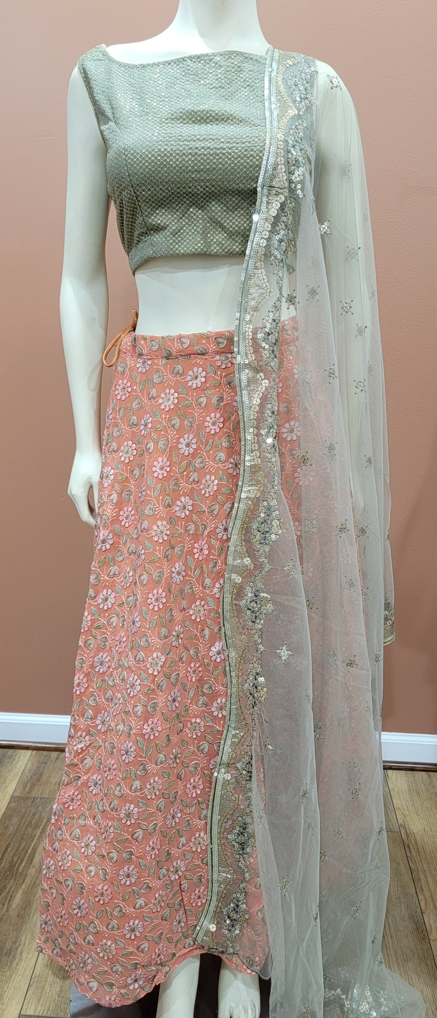 Georgette Embroidered Lehenga Set in Green and Pink