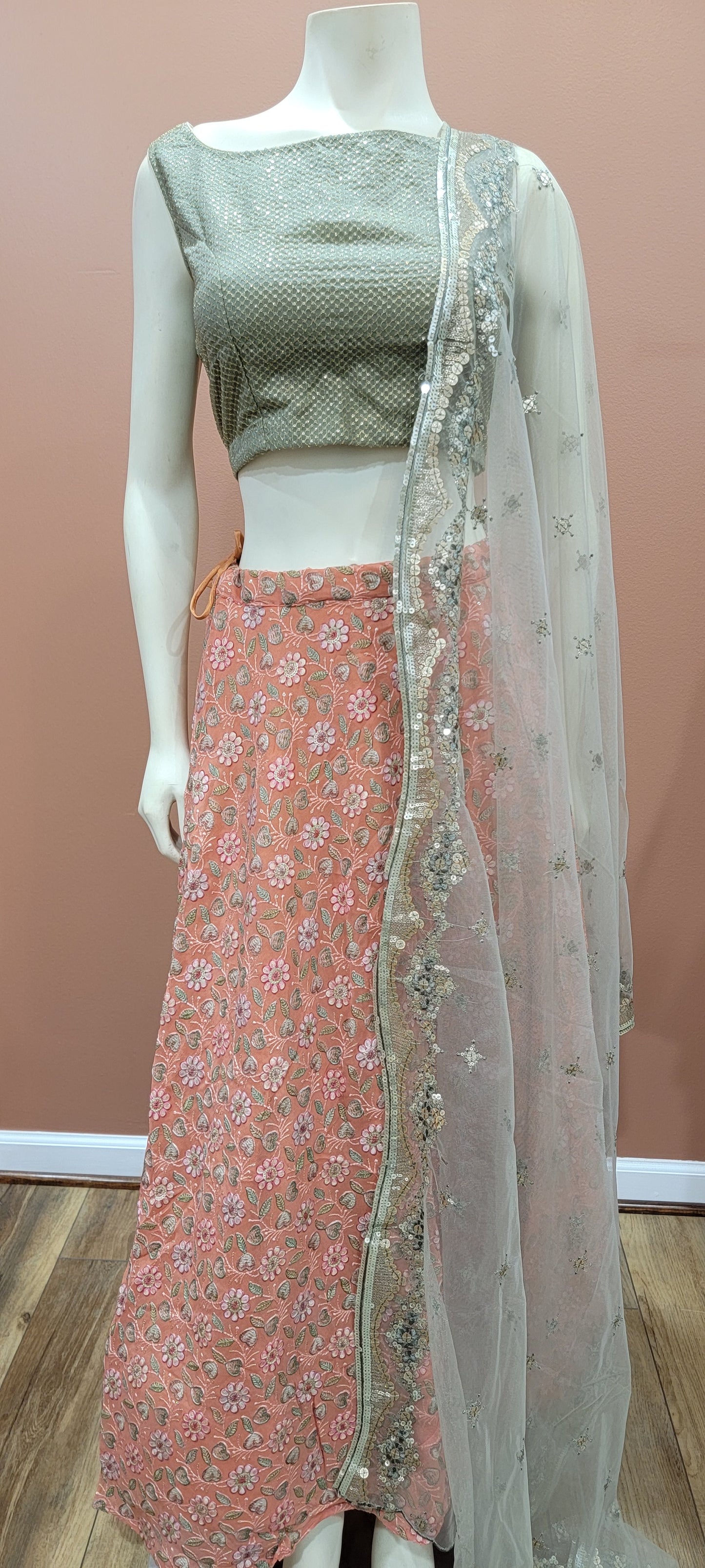 Georgette Embroidered Lehenga Set in Green and Pink