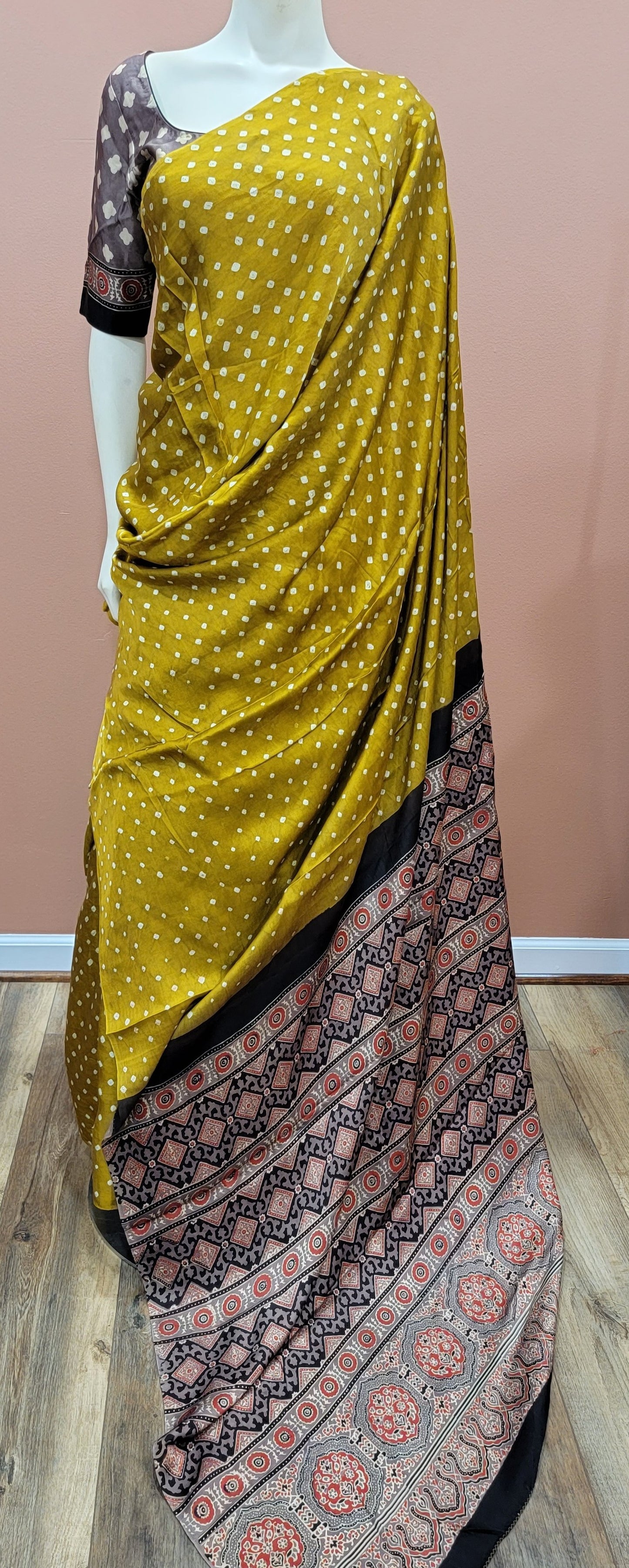 Pure Modal Silk Ajrakh Pallu Saree w/ Blouse