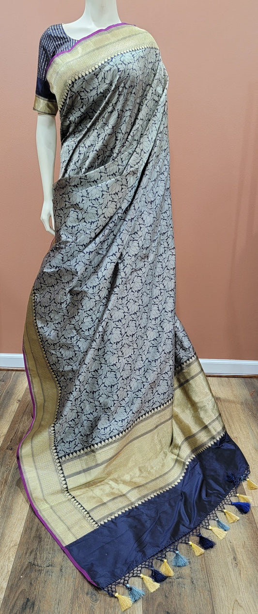Katan Banaras Saree in Navy Blue