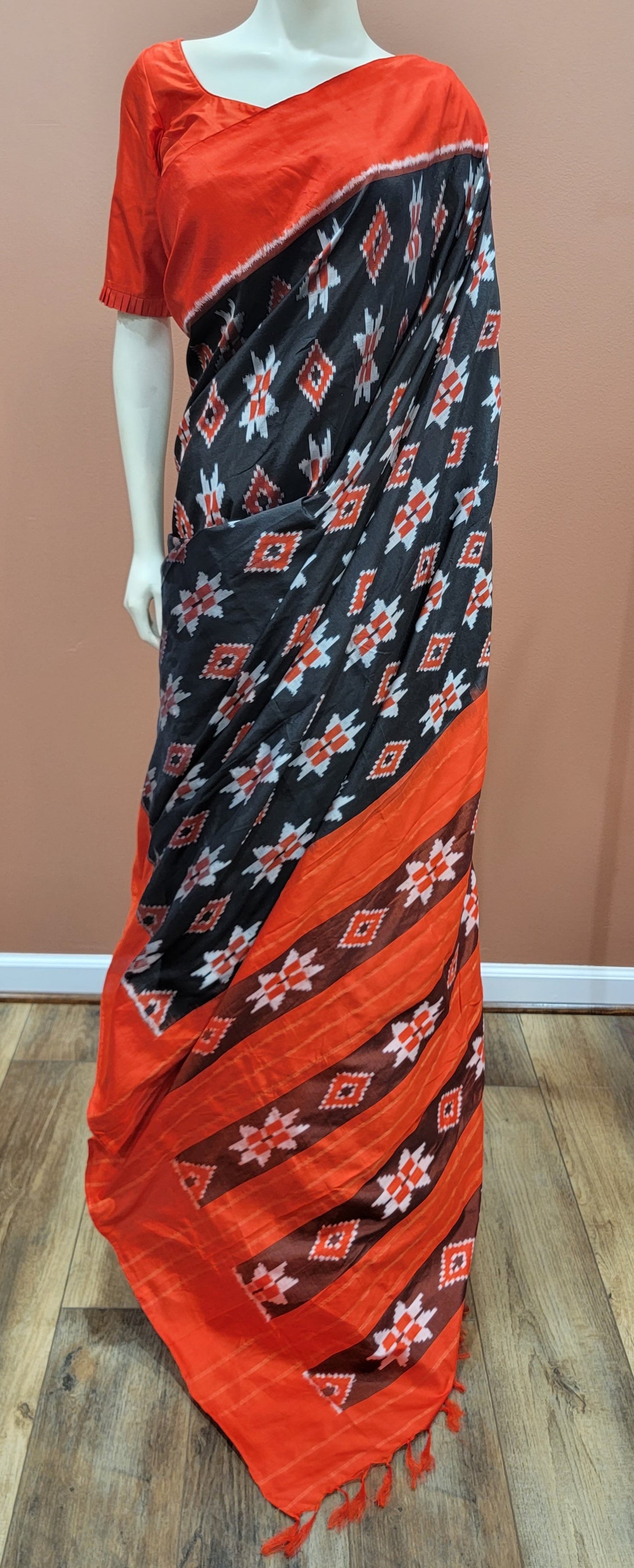 Double Ikkath Silk Saree w/ Blouse in Orange and Black