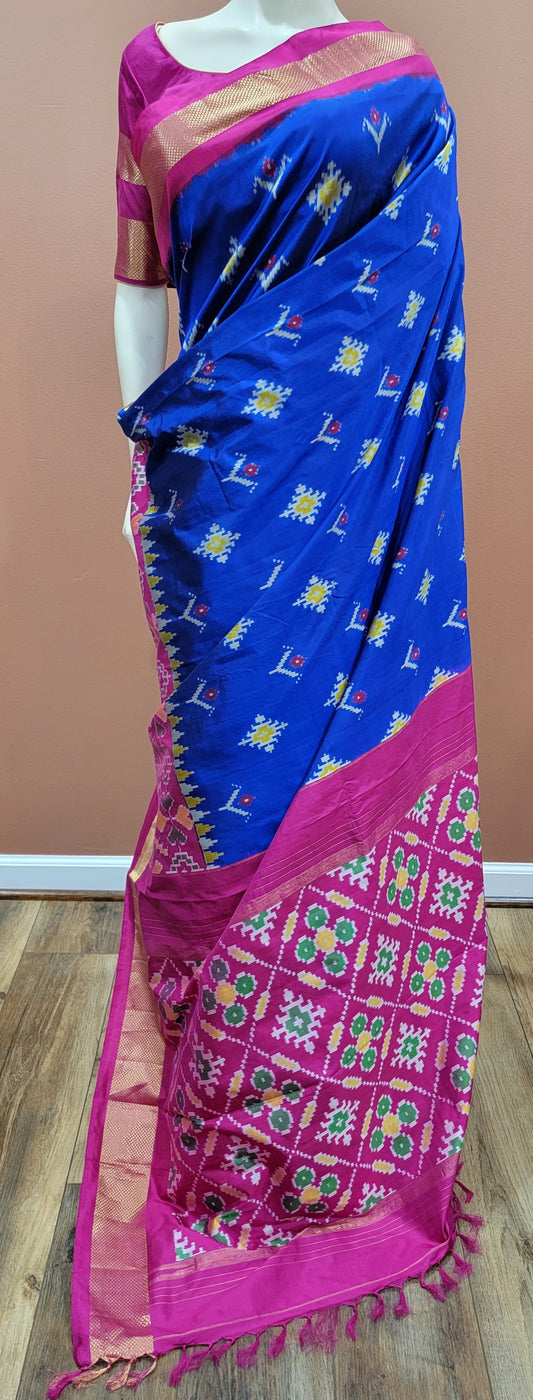Double Ikkath Silk Saree w/ Blouse in Blue and Pink