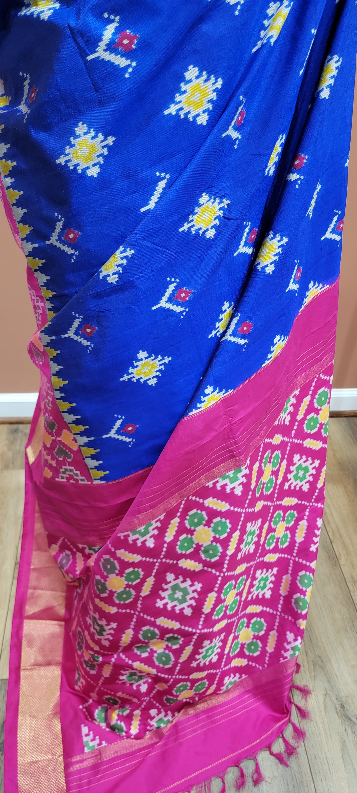 Double Ikkath Silk Saree w/ Blouse in Blue and Pink