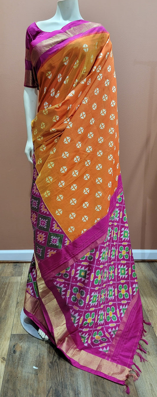 Double Ikkath Silk Saree w/ blouse in Orange and Pink