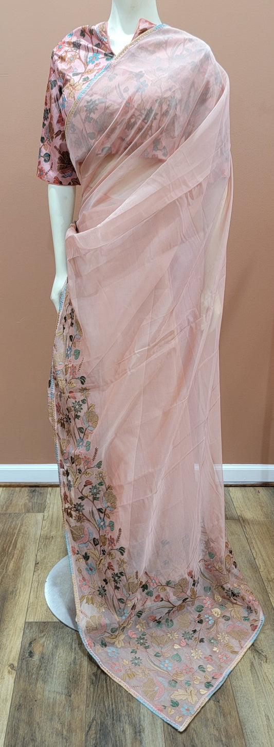 Kora Embroidered Saree w/ Printed Blouse