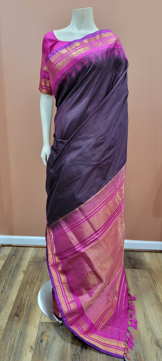 Gadwal Silk Saree w/ Blouse in Pink and Brown