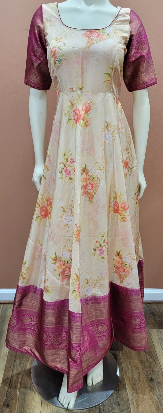 Digital Print Silk Long Dress w/ Kanchi Border