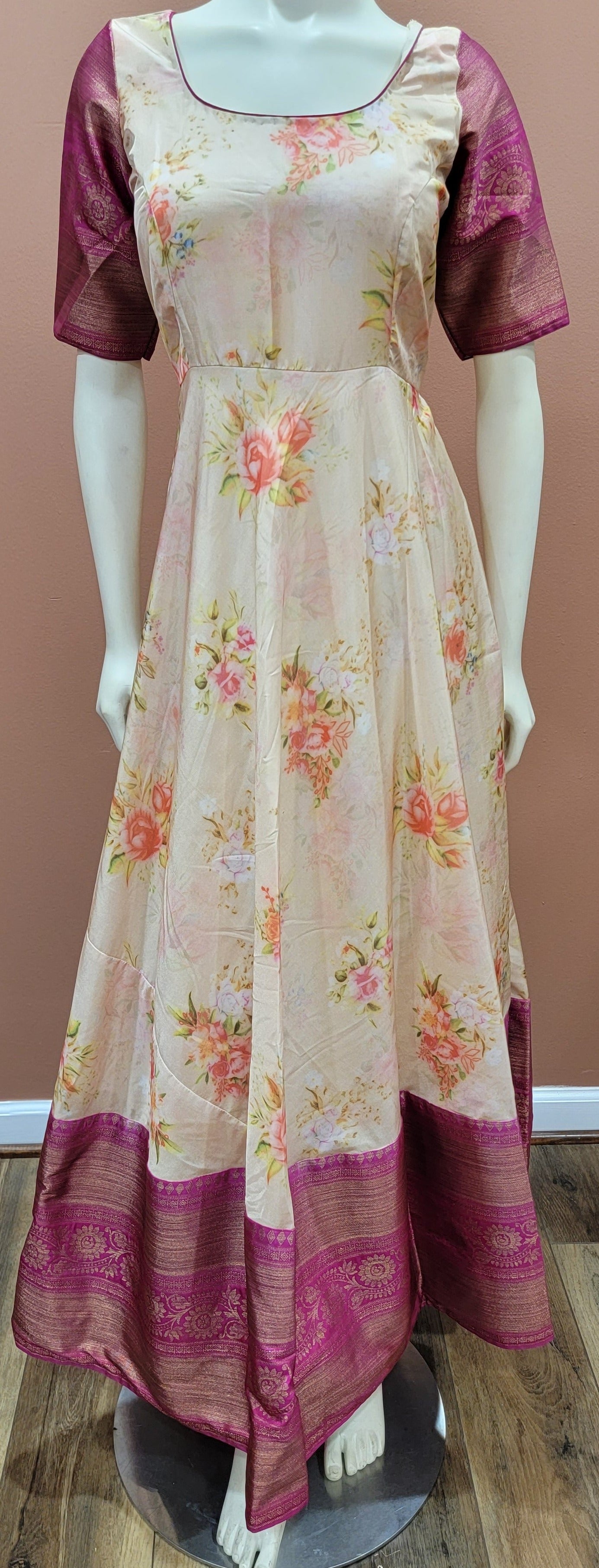 Digital Print Silk Long Dress w/ Kanchi Border