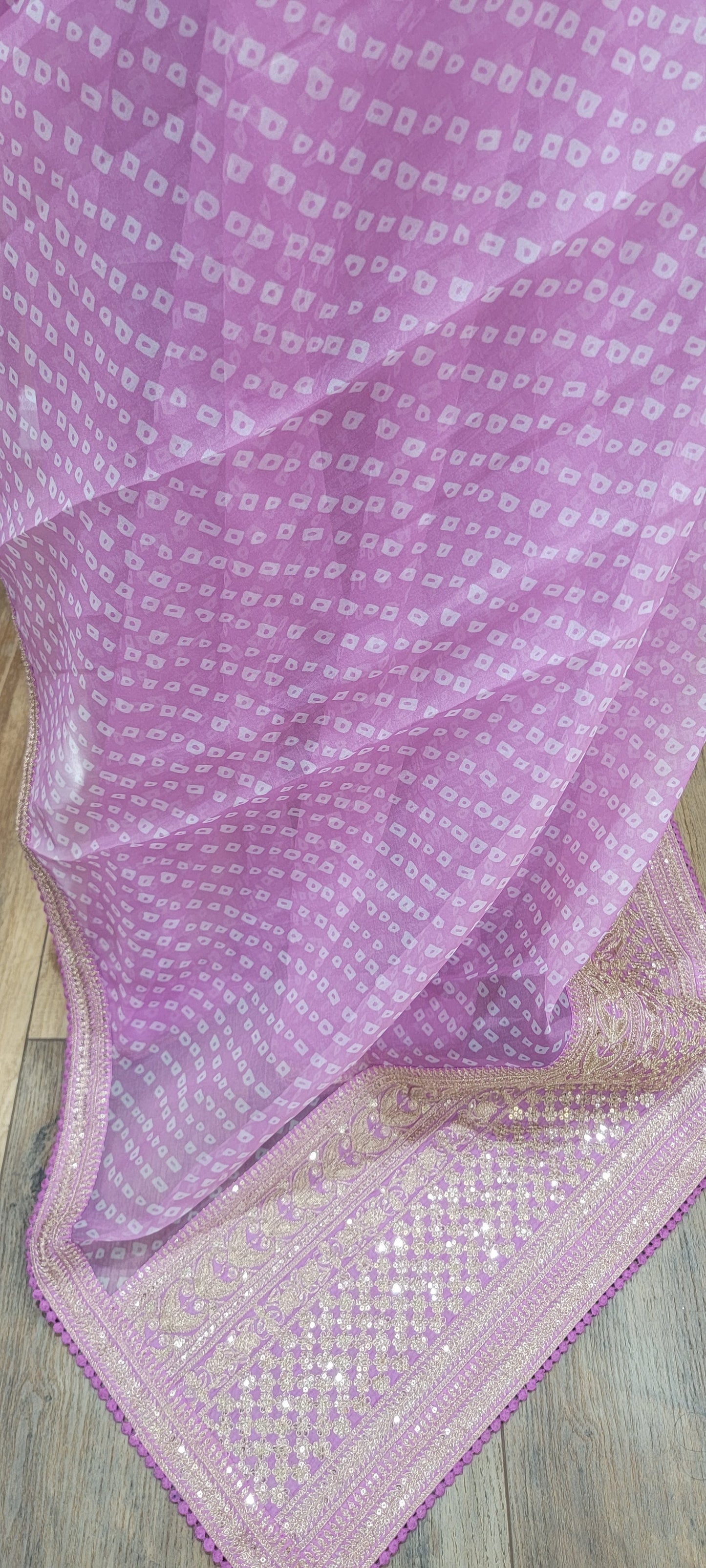 Bandhini Organza Saree w/ Sequence border and Blouse, in Purplish Pink