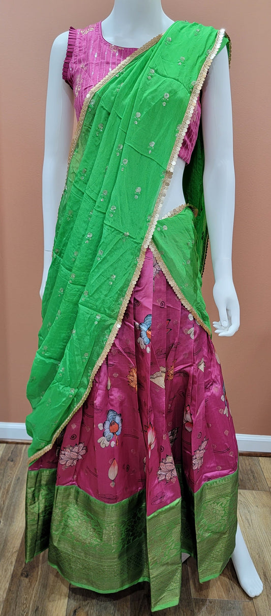 Digital Printed Banaras Half Saree set in Green and Pink