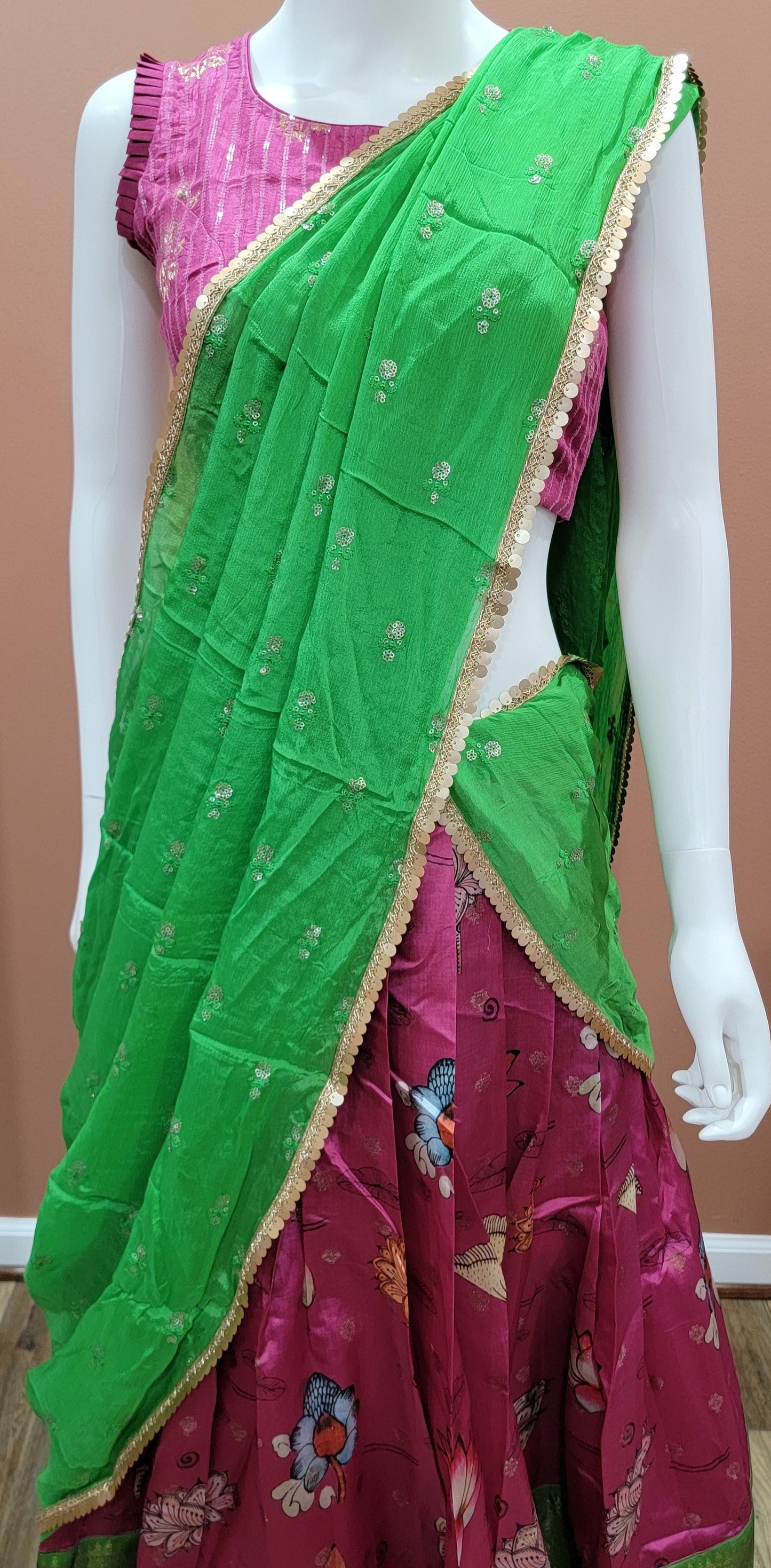 Digital Printed Banaras Half Saree set in Green and Pink