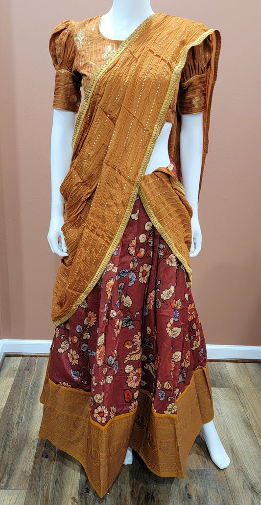 Kalamkari Printed Banaras Half Saree set in Brown