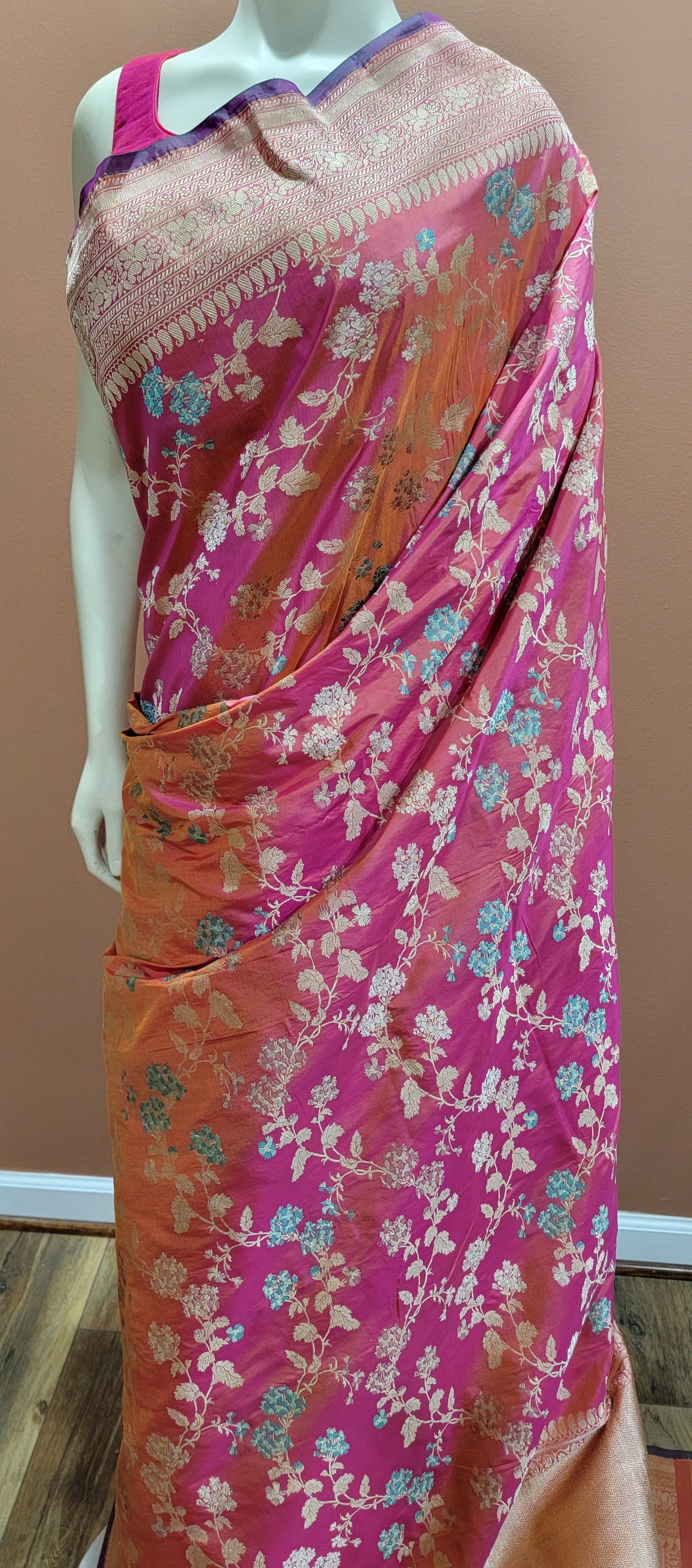 Banaras Silk Saree w/ Pure Zari w/ Customized Blouse in Pink