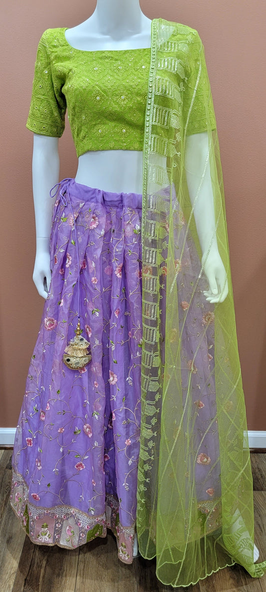 Organza Lehenga Set in Green and Violet