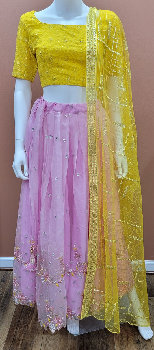 Organza Lehenga Set in Yellow and Pink