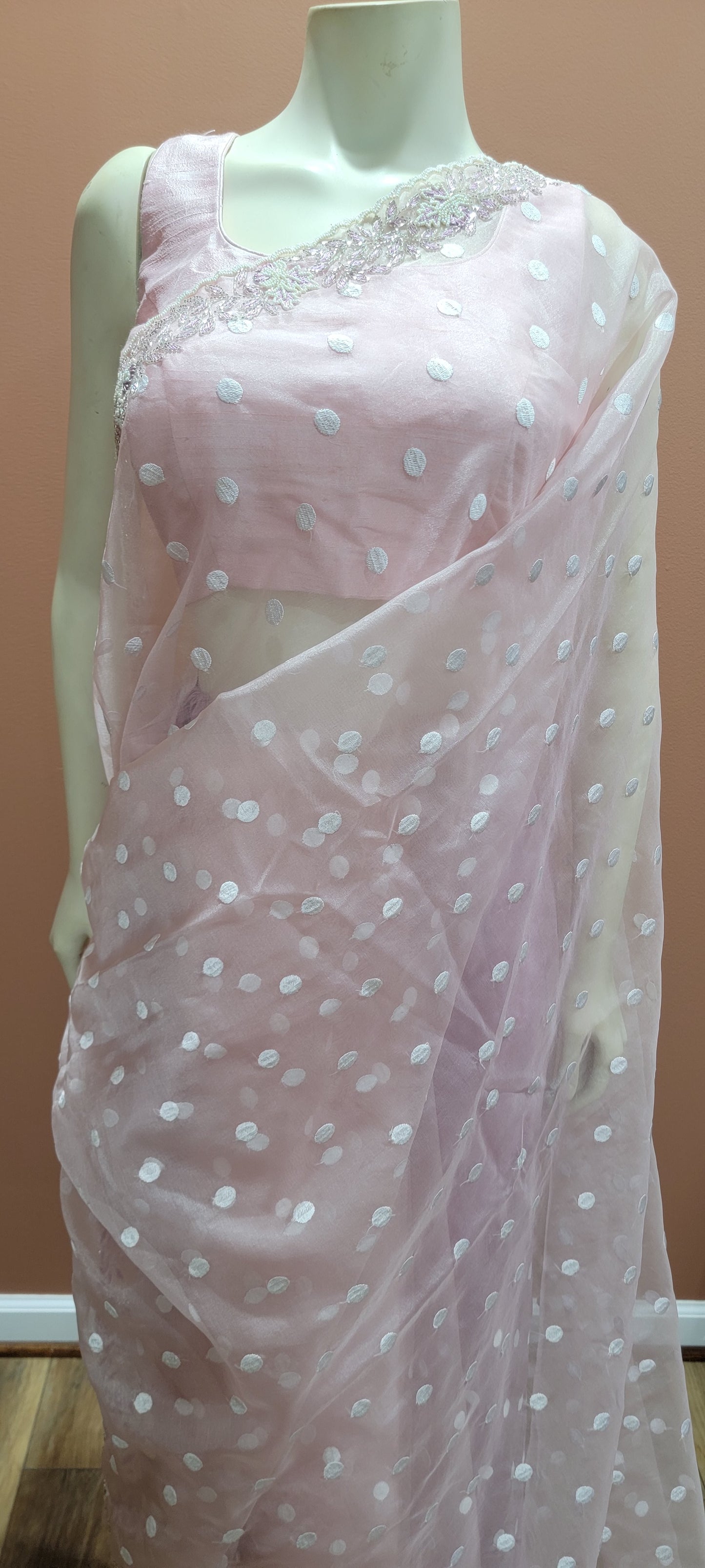 Organza Saree w/ Raw Silk Blouse in Pink