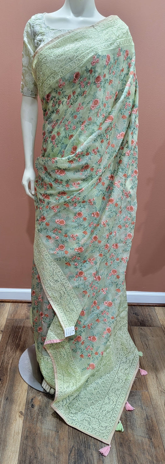 Kota Tussar Saree w/ Chikankari Blouse in mild Green