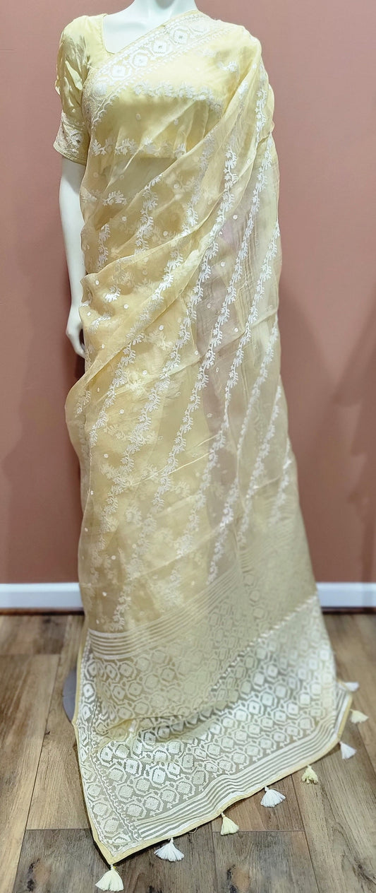 Embroidered Organza Saree w/ Blouse in Yellow