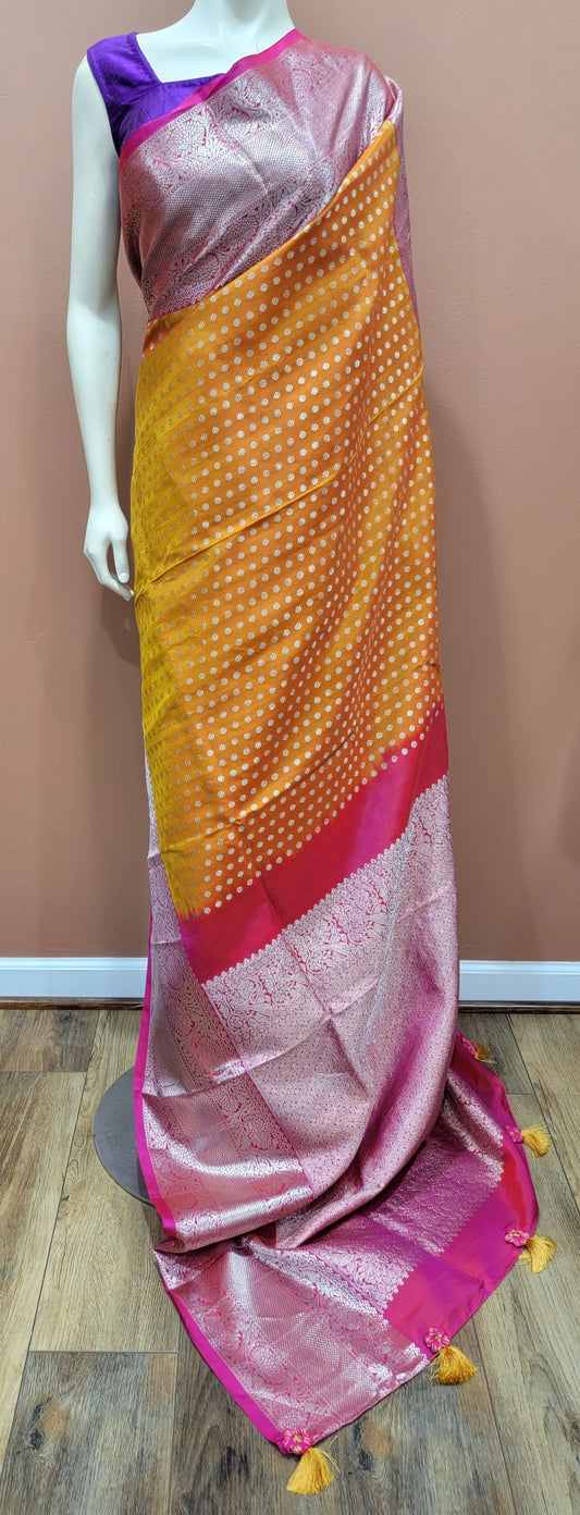 Venkatagiri Silk Saree in Yellow and Pink w/ Custom Blouse