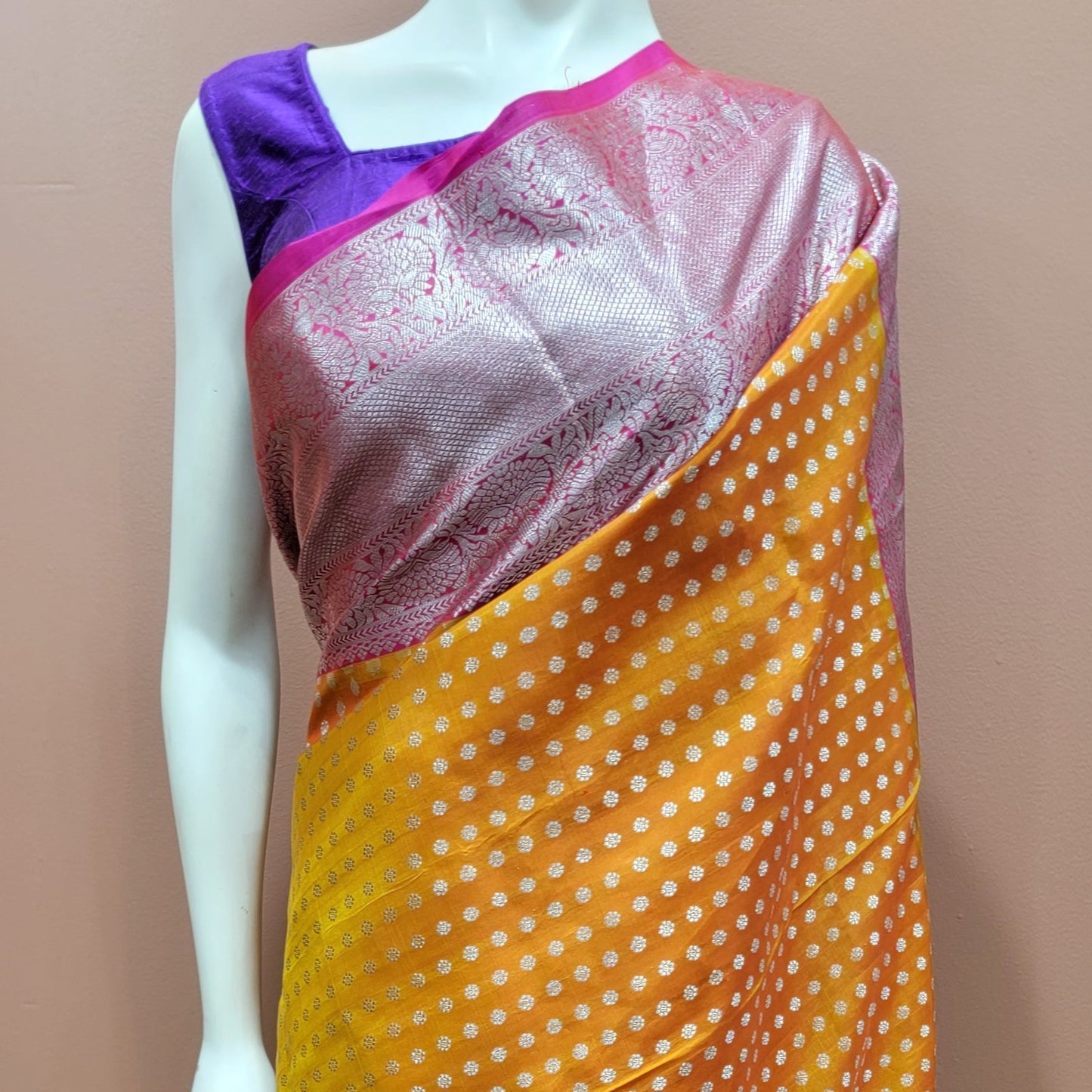 Venkatagiri Silk Saree in Yellow and Pink w/ Custom Blouse