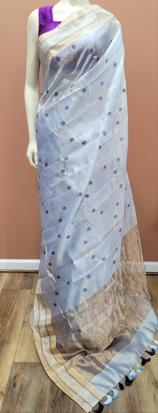 Chanderi Pattu Saree in Blue W/ Custom Blouse.