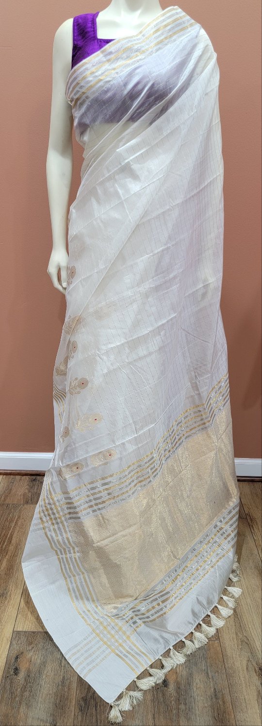 Chanderi Pattu Sarees in White W/ Custom Blouse