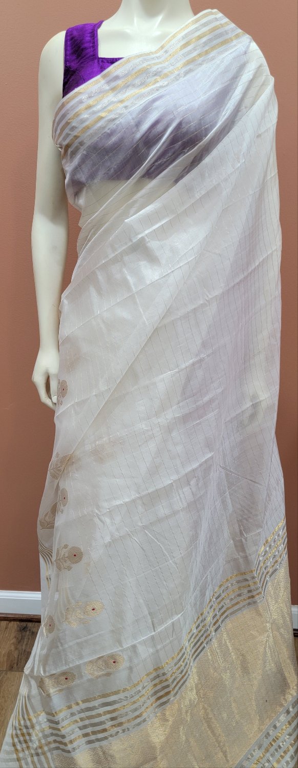 Chanderi Pattu Sarees in White W/ Custom Blouse