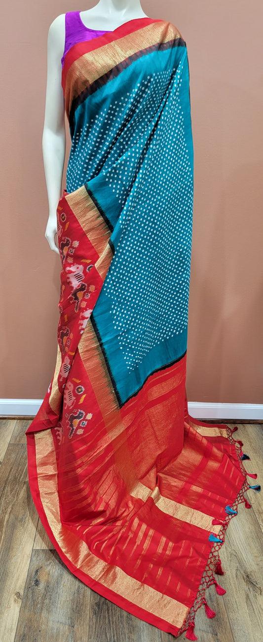 Ikkath Hand Tie Bandhini Saree Collection in Cyan and Brown