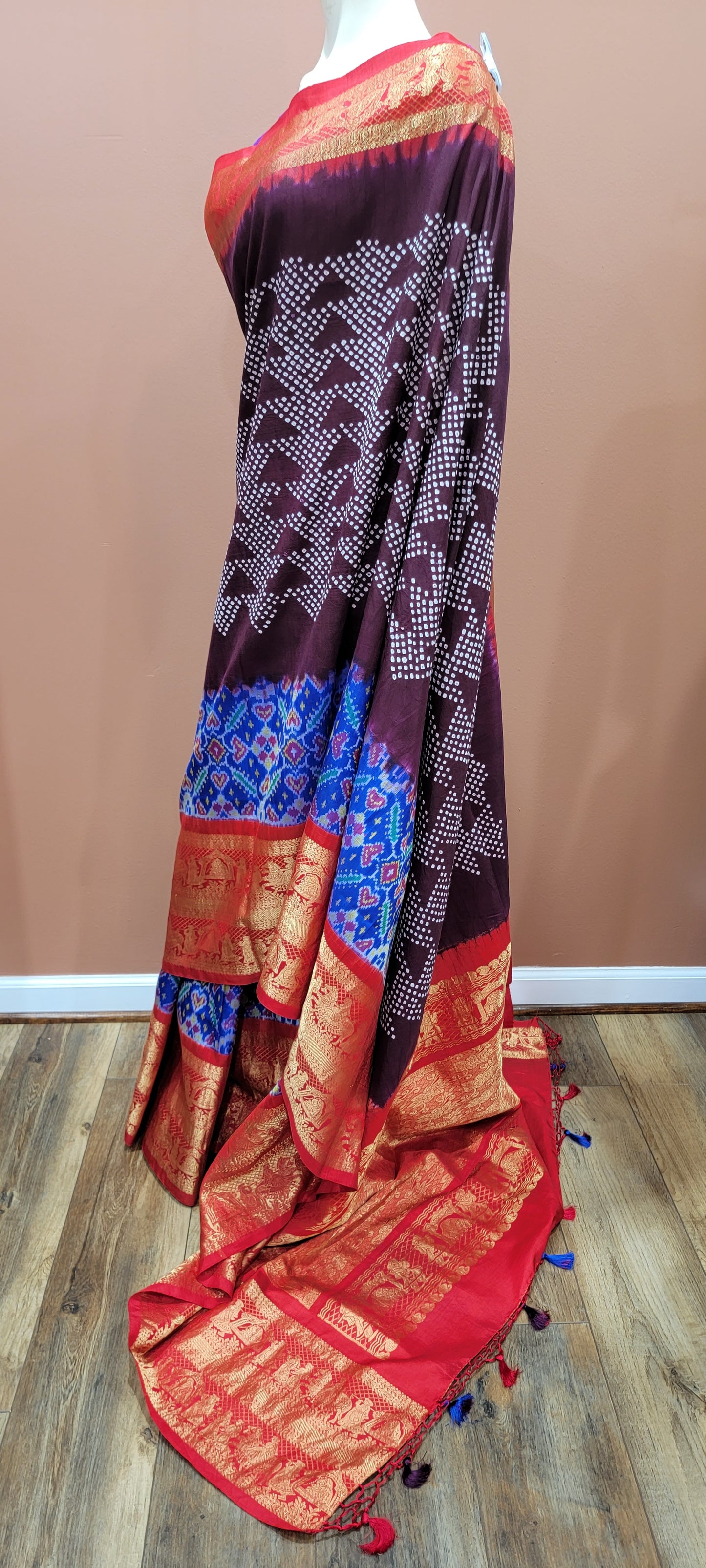 Ikkath Hand Tie Bandhini Saree Collection in Cyan and Brown