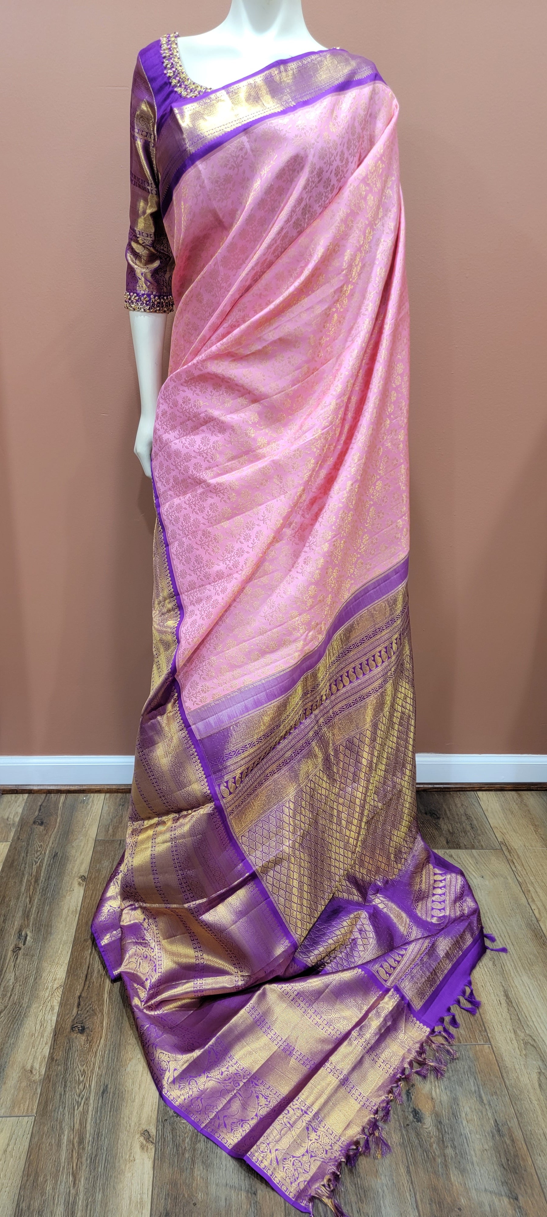 SF - Gold and Pink Color Soft Lichi Silk Saree