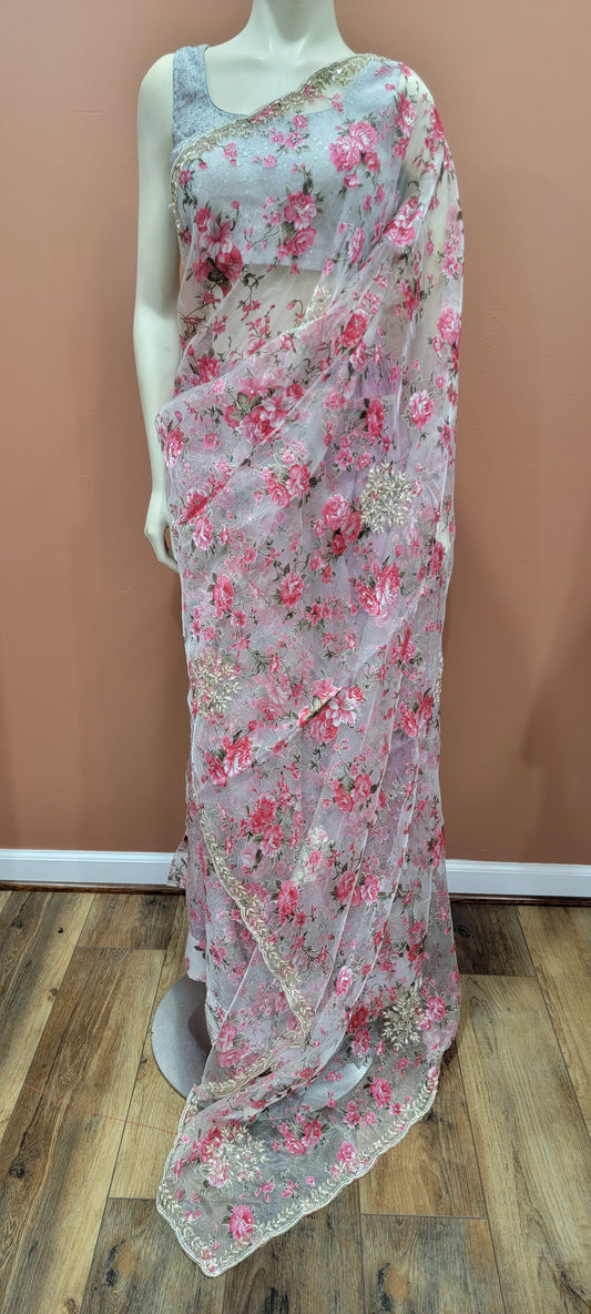 Glass Tissue Floral Saree Collection W/ Hand Work Border.