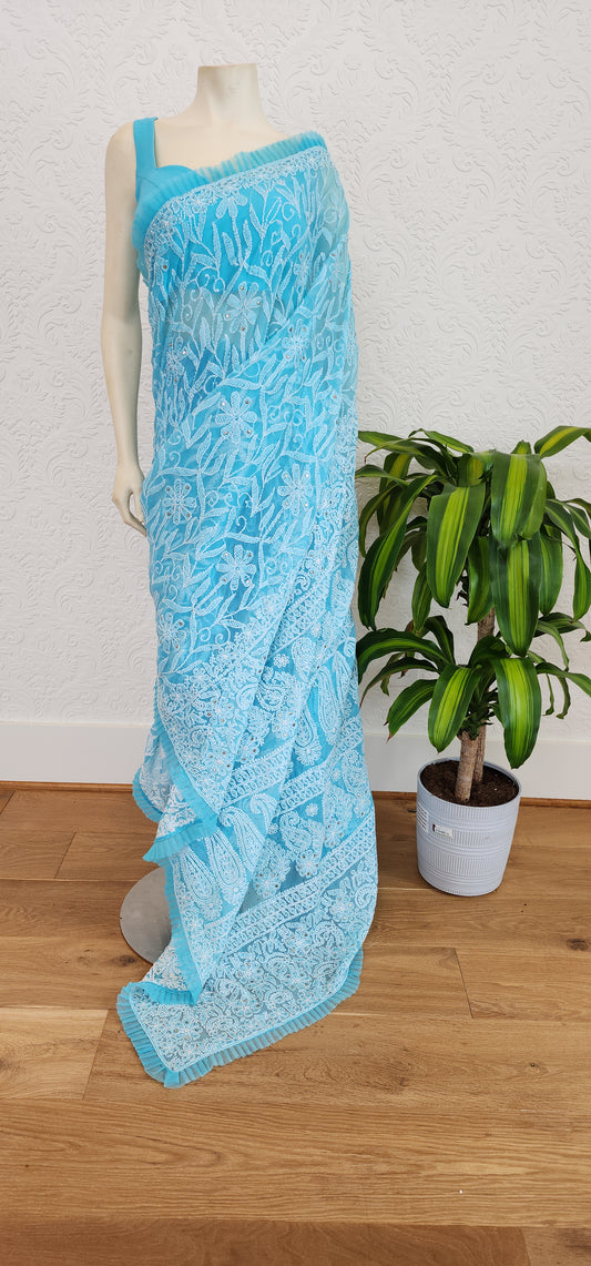 Hand Chikankari Georgette Saree W/Blouse.