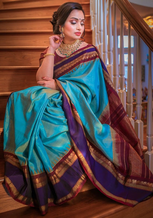 Gadwal Silk Saree w/ Blouse in Dual Colors